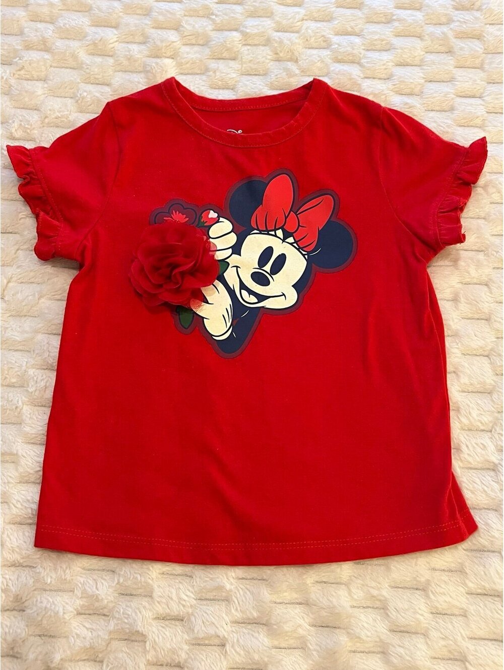 Disney Girls Red Minnie Mouse T-Shirt w/ Ruffle Sleeves & 3D Flower Accent, 3T